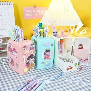 Kawaii Mini Refrige Shaped Desk Organizer with 3D Stickers, Cute Desktop Accessories, Marker Pencil ...