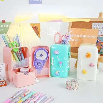 Kawaii Mini Refrige Shaped Desk Organizer with 3D Stickers, Cute Desktop Accessories, Marker Pencil Storage Caddy Tray DIY Crafts for Office, School, Home & Art Supplies (Green)