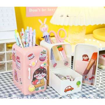 Kawaii Mini Refrige Shaped Desk Organizer with 3D Stickers, Cute Desktop Accessories, Marker Pencil Storage Caddy Tray DIY Crafts for Office, School, Home & Art Supplies (Green)