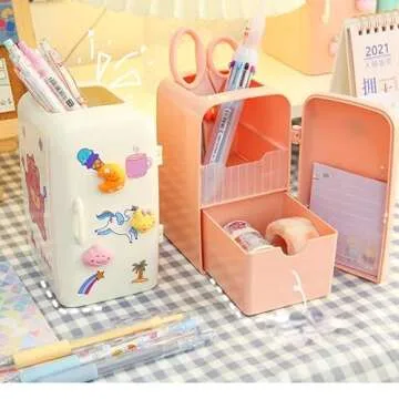 Kawaii Mini Refrige Shaped Desk Organizer with 3D Stickers, Cute Desktop Accessories, Marker Pencil Storage Caddy Tray DIY Crafts for Office, School, Home & Art Supplies (Green)