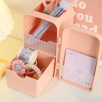 Kawaii Mini Refrige Shaped Desk Organizer with 3D Stickers, Cute Desktop Accessories, Marker Pencil Storage Caddy Tray DIY Crafts for Office, School, Home & Art Supplies (Green)