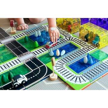 Learn & Grow Train Track Toppers, Magnetic Tile Accessory, Magnet Building Set Road Pack Add on 36PCS - STEM Building Toy & Learning Educational Magnet Construction Toddler