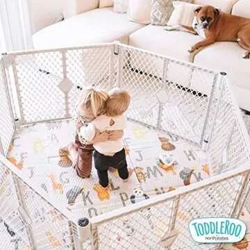 Toddleroo by North States Superyard 6 Panel Baby Play Yard. Playpen or Extra Wide Baby Gate, Wall Mount Kit Included. Made in USA. 38.5" - 201" wide, 5.5 ft corner to corner play yard (26" tall, Gray)