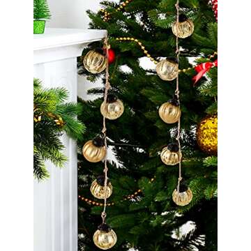 Serene Spaces Living Mini Gold Ribbed Mercury Glass-Finish Ornament Garland, Shiny Glass Ball String...