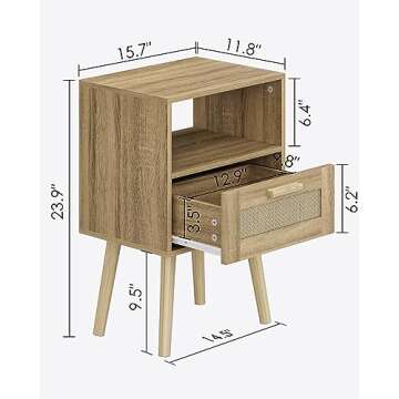 Aobafuir Nightstands, End Table, Rattan Nightstand, Side Table with Hand Made Rattan Decorated Drawers, Wood Accent Table with Storage for Bedroom