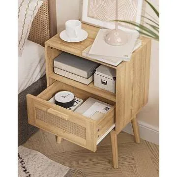 Aobafuir Nightstands, End Table, Rattan Nightstand, Side Table with Hand Made Rattan Decorated Drawers, Wood Accent Table with Storage for Bedroom