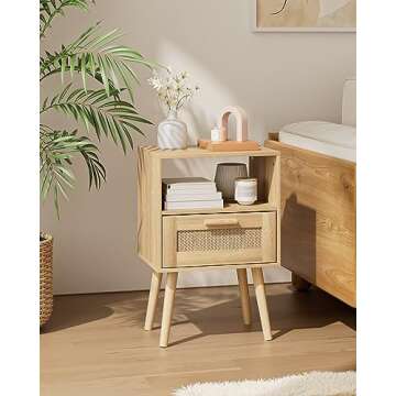 Aobafuir Nightstands, End Table, Rattan Nightstand, Side Table with Hand Made Rattan Decorated Drawers, Wood Accent Table with Storage for Bedroom