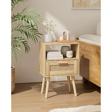 Aobafuir Nightstands, End Table, Rattan Nightstand, Side Table with Hand Made Rattan Decorated Drawers, Wood Accent Table with Storage for Bedroom