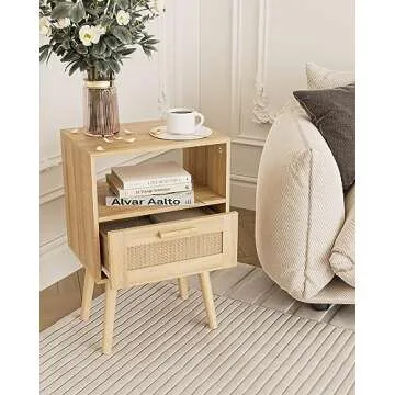 Aobafuir Nightstands, End Table, Rattan Nightstand, Side Table with Hand Made Rattan Decorated Drawers, Wood Accent Table with Storage for Bedroom
