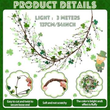 Yuxung St Patrick's Day Garland with Light 4.5 ft Shamrock and Berry Decorations Green Clover Berry Garlands for St Patrick's Day Decor