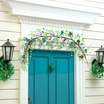 Yuxung St Patrick's Day Garland with Light 4.5 ft Shamrock and Berry Decorations Green Clover Berry Garlands for St Patrick's Day Decor
