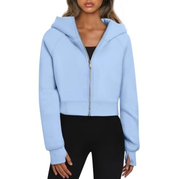 Trendy Queen Women's LightBlue Cropped Hoodie - Cozy Winter Fleece Jacket