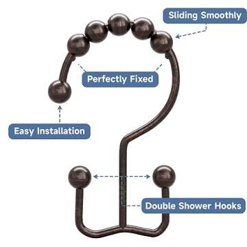 Titanker Shower Curtain Hooks Rings, Rust-Resistant Metal Double Glide Shower Hooks for Bathroom Shower Rods Curtains, Set of 12 Hooks - Bronze