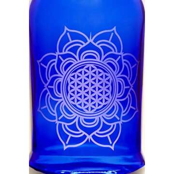 Cobalt Blue Glass Water bottle, Reusable, Swing Top, 16oz, Flotus symbol, Eco Friendly, Infused Wate...