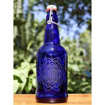 Cobalt Blue Glass Water bottle, Reusable, Swing Top, 16oz, Flotus symbol, Eco Friendly, Infused Water