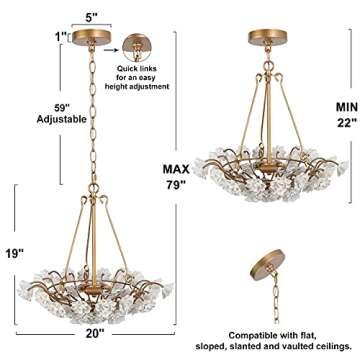 Modern Chandelier Light Fixture, Dia 20” Dining Room Chandelier with Gold Finished Metal Frame and Handmade White Ceramics Flower Shade, 3-Light Hanging Ceiling Light for Dining & Living Room, Bedroom