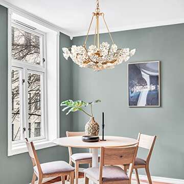 Modern Chandelier Light Fixture, Dia 20” Dining Room Chandelier with Gold Finished Metal Frame and Handmade White Ceramics Flower Shade, 3-Light Hanging Ceiling Light for Dining & Living Room, Bedroom