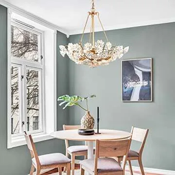 Modern Chandelier Light Fixture, Dia 20” Dining Room Chandelier with Gold Finished Metal Frame and Handmade White Ceramics Flower Shade, 3-Light Hanging Ceiling Light for Dining & Living Room, Bedroom