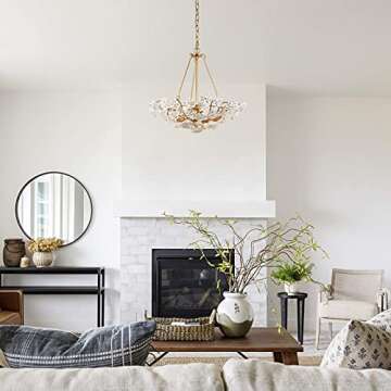 Modern Chandelier Light Fixture, Dia 20” Dining Room Chandelier with Gold Finished Metal Frame and Handmade White Ceramics Flower Shade, 3-Light Hanging Ceiling Light for Dining & Living Room, Bedroom