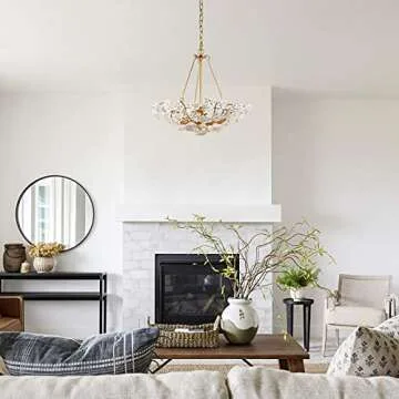 Modern Chandelier Light Fixture, Dia 20” Dining Room Chandelier with Gold Finished Metal Frame and Handmade White Ceramics Flower Shade, 3-Light Hanging Ceiling Light for Dining & Living Room, Bedroom