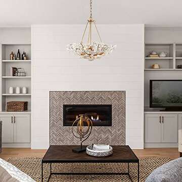 Modern Chandelier Light Fixture, Dia 20” Dining Room Chandelier with Gold Finished Metal Frame and Handmade White Ceramics Flower Shade, 3-Light Hanging Ceiling Light for Dining & Living Room, Bedroom