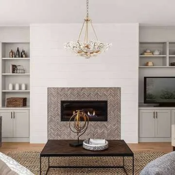 Modern Chandelier Light Fixture, Dia 20” Dining Room Chandelier with Gold Finished Metal Frame and Handmade White Ceramics Flower Shade, 3-Light Hanging Ceiling Light for Dining & Living Room, Bedroom