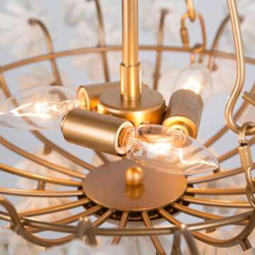 Modern Chandelier Light Fixture, Dia 20” Dining Room Chandelier with Gold Finished Metal Frame and Handmade White Ceramics Flower Shade, 3-Light Hanging Ceiling Light for Dining & Living Room, Bedroom