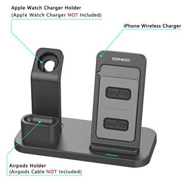 Conido Wireless Charger for iPhone, 3 in 1 Charging Stand for Apple Series Watch 5/4/3/2/1/, AirPods Pro 2 1 Charging Dock, Charging Station Compatible iPhone SE 2020,11 Pro Max, XS Max, XR, X, 8 Plus