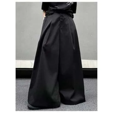 OYOANGLE Men's Baggy Wide Leg Pants Button Front Pleated Long Trousers Zipper Fly Palazzo Pants Streetwear Black Large