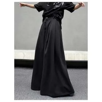 OYOANGLE Men's Baggy Wide Leg Pants Button Front Pleated Long Trousers Zipper Fly Palazzo Pants Streetwear Black Large