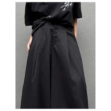 OYOANGLE Men's Baggy Wide Leg Pants Button Front Pleated Long Trousers Zipper Fly Palazzo Pants Streetwear Black Large