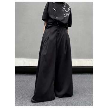 OYOANGLE Men's Baggy Wide Leg Pants Button Front Pleated Long Trousers Zipper Fly Palazzo Pants Streetwear Black Large