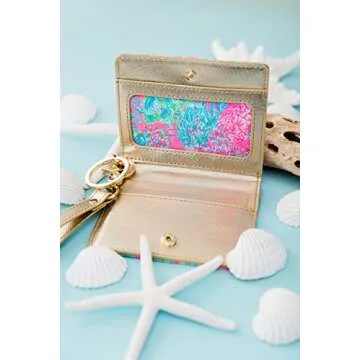 Lilly Pulitzer Snap ID Card Case, Cute Pink Keychain Wallet, Slim Credit Card Holder with Wristlet Strap, Seaing Things