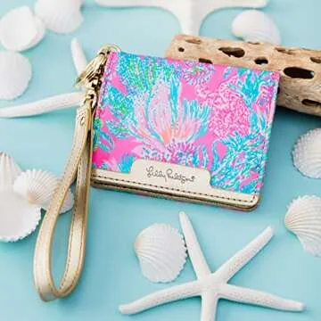 Lilly Pulitzer Snap ID Card Case, Cute Pink Keychain Wallet, Slim Credit Card Holder with Wristlet Strap, Seaing Things