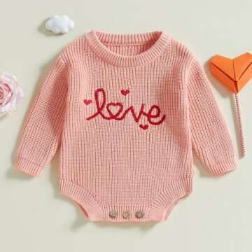 DNOMAID YZARC Baby Boy Girl Valentines Day Outfit Embroidery Sweater Bubble Romper Long Sleeve Knit Bodysuit One Piece Outfit (Pink, 0-3 Months)