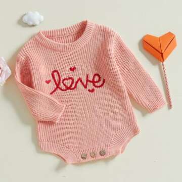 DNOMAID YZARC Baby Boy Girl Valentines Day Outfit Embroidery Sweater Bubble Romper Long Sleeve Knit Bodysuit One Piece Outfit (Pink, 0-3 Months)