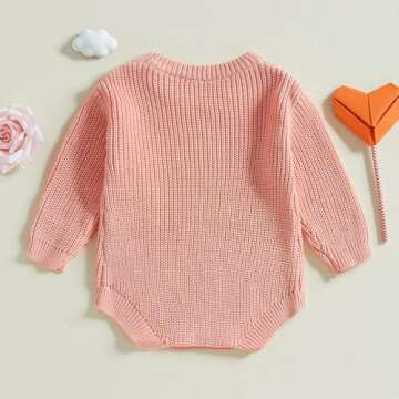 DNOMAID YZARC Baby Boy Girl Valentines Day Outfit Embroidery Sweater Bubble Romper Long Sleeve Knit Bodysuit One Piece Outfit (Pink, 0-3 Months)