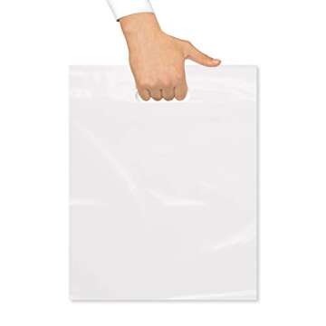 Purple Q Crafts Plastic Bag With Die Cut Handle Bag 12" x 15" White Plastic Merchandise Bags 100 Pack for Retail, Gifts, Trade Show and More