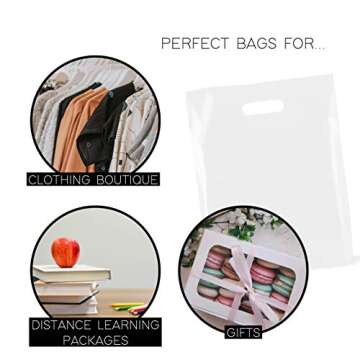 Purple Q Crafts Plastic Bag With Die Cut Handle Bag 12" x 15" White Plastic Merchandise Bags 100 Pack for Retail, Gifts, Trade Show and More