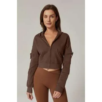 QINSEN Womens Zip Up Hoodies Long Sleeve Fall Oversized Sweatshirts Y2K Crop Jacket with Pockets Mocha Brown XS