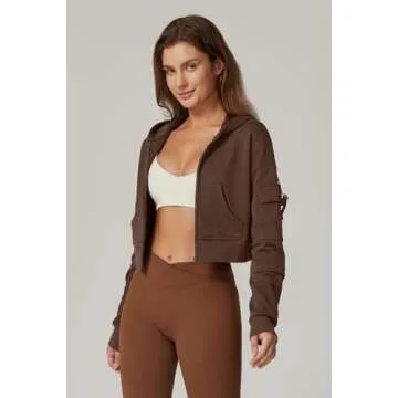 QINSEN Womens Zip Up Hoodies Long Sleeve Fall Oversized Sweatshirts Y2K Crop Jacket with Pockets Mocha Brown XS