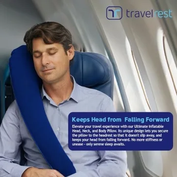 TRAVELREST Ultimate Travel, Neck & Body Pillow - Strap to Plane & Car Seat - Compact, Eases Shoulder Pain, Comfort and Convenient for Office Napping, Airplane, Bus & Train - Rolls Up Small - Blue