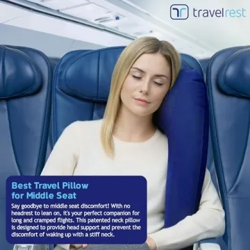 TRAVELREST Ultimate Travel, Neck & Body Pillow - Strap to Plane & Car Seat - Compact, Eases Shoulder Pain, Comfort and Convenient for Office Napping, Airplane, Bus & Train - Rolls Up Small - Blue