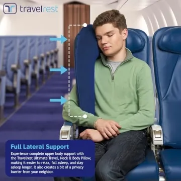 TRAVELREST Ultimate Travel, Neck & Body Pillow - Strap to Plane & Car Seat - Compact, Eases Shoulder Pain, Comfort and Convenient for Office Napping, Airplane, Bus & Train - Rolls Up Small - Blue