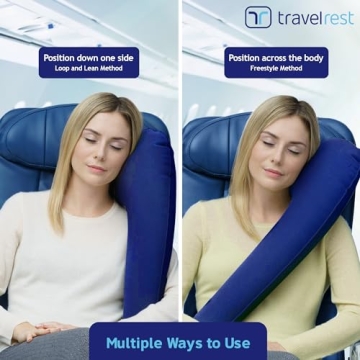 TRAVELREST Ultimate Travel, Neck & Body Pillow - Strap to Plane & Car Seat - Compact, Eases Shoulder Pain, Comfort and Convenient for Office Napping, Airplane, Bus & Train - Rolls Up Small - Blue