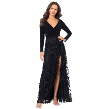Elegant Xscape Women's Long Sleeve V-Neck Floral Skirted Gown in Black