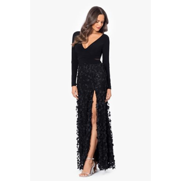Xscape Floral Long Sleeve V-Neck Gown in Black