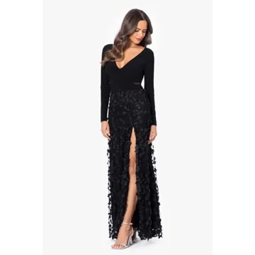 Xscape Floral Long Sleeve V-Neck Gown in Black
