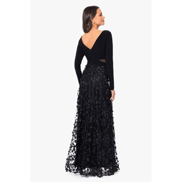 Xscape Floral Long Sleeve V-Neck Gown in Black