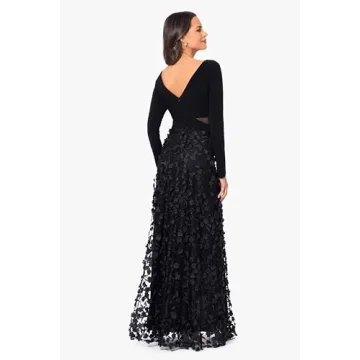 Xscape Floral Long Sleeve V-Neck Gown in Black